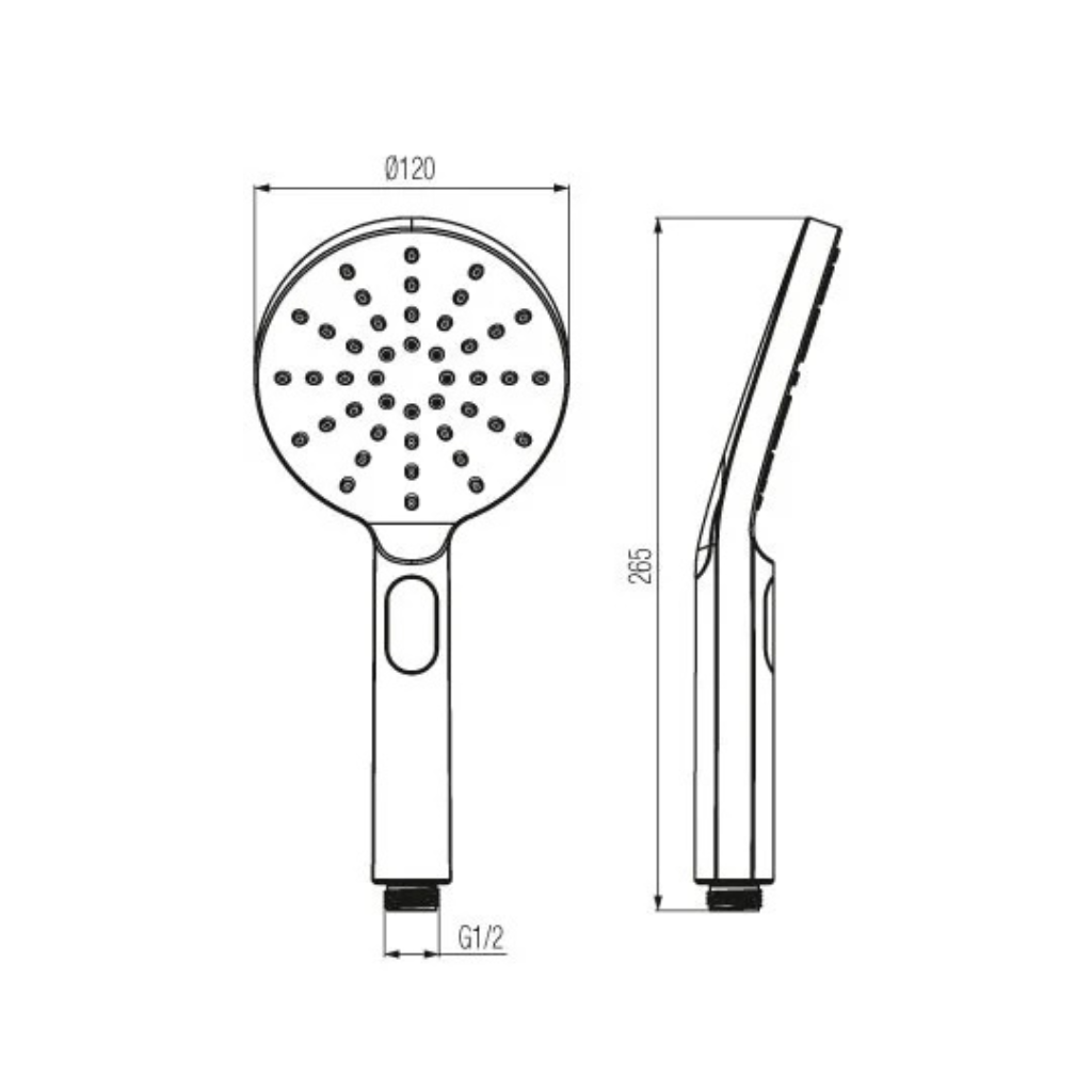 Technical dimensions for Valvex Round 3-function handheld shower head, Sardar & Co Pakistan
