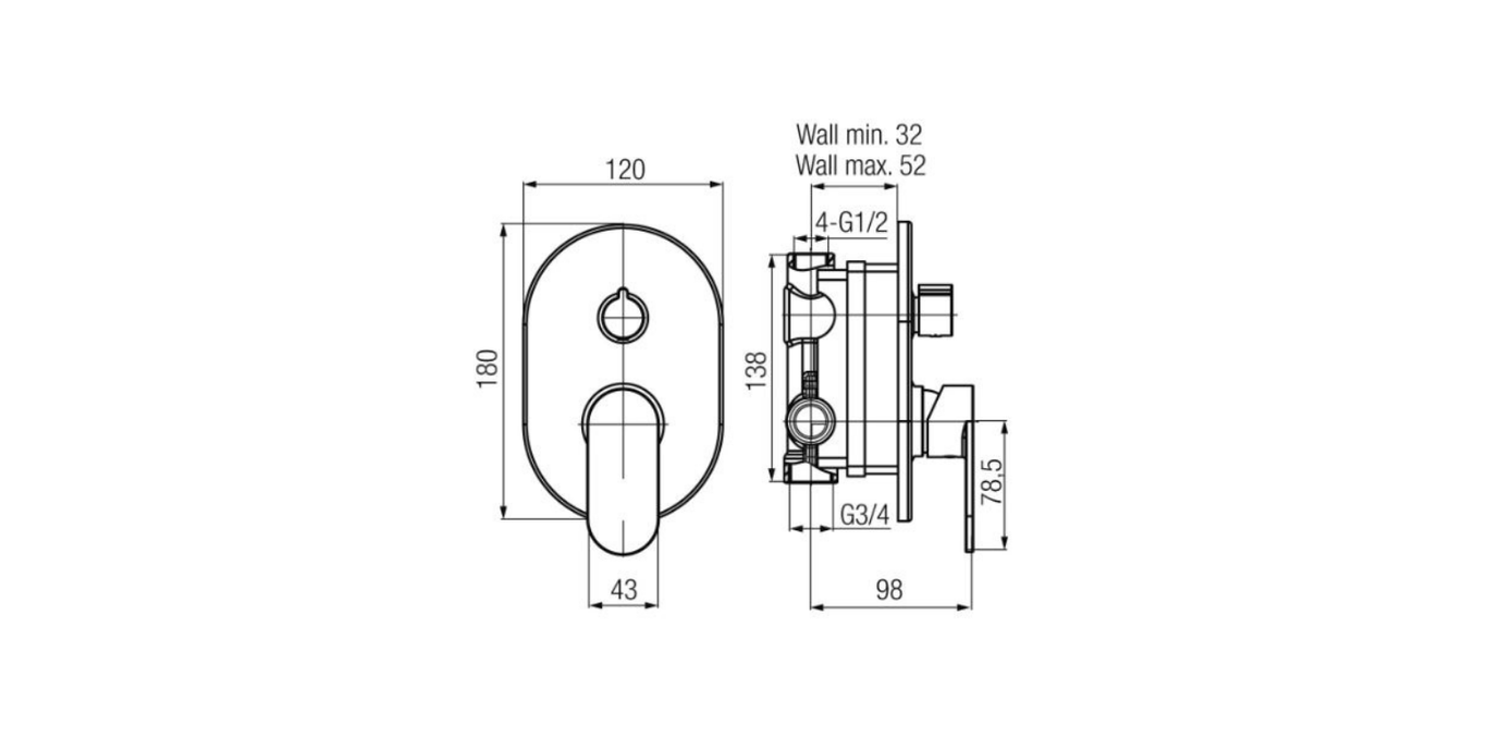 Technical dimensions for Valvex Tube two-way shower diverter, Sardar & Co Pakistan
