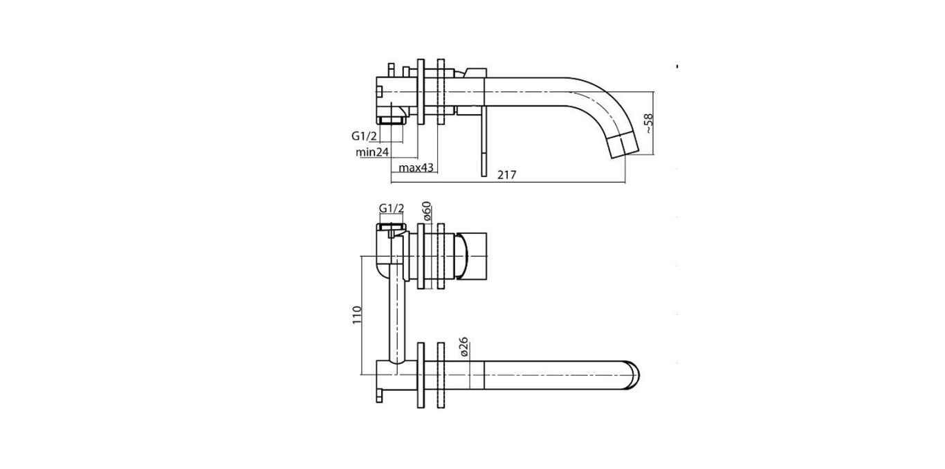Technical dimensions for Valvex Tube wall-mounted basin mixer, Sardar & Co Pakistan