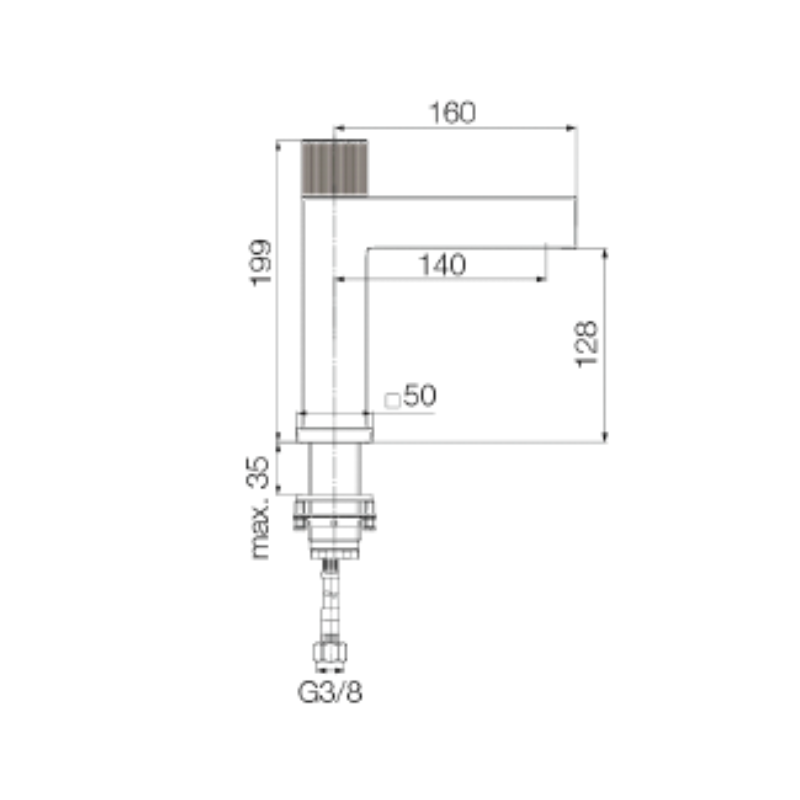 Technical dimensions for Valvex VARSO basin mixer — mixer height, spout reach, hole diameter, Sardar & Co Pakistan