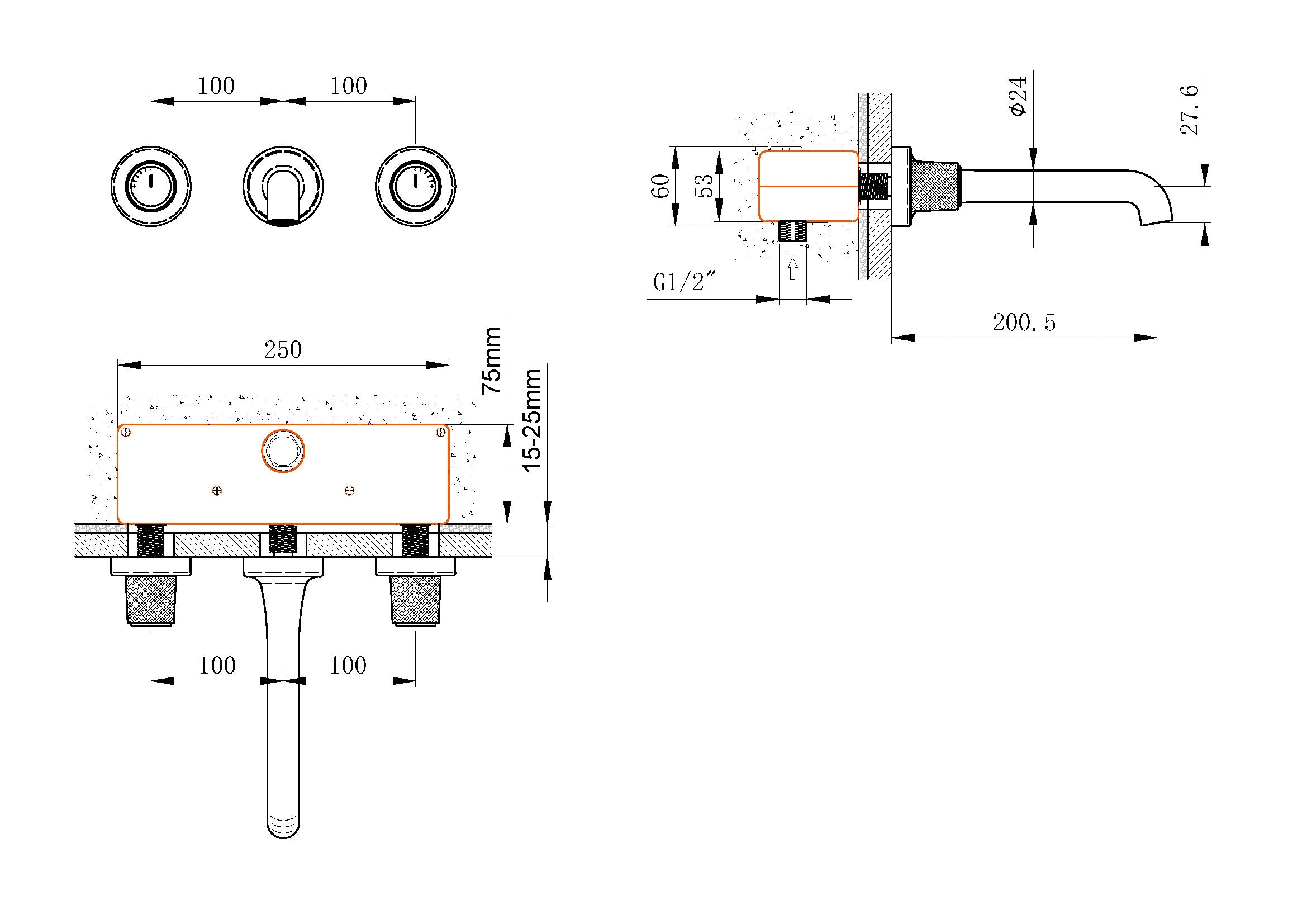 Technical drawing and dimensions of Wall Mounted Washbasin Faucet Pakistan OMSA FL8200C — Sardar & Co Rawalpindi